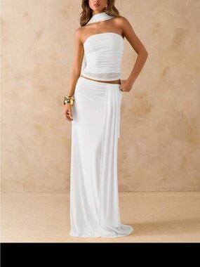 White Maxi Skirt Set with neck scarf